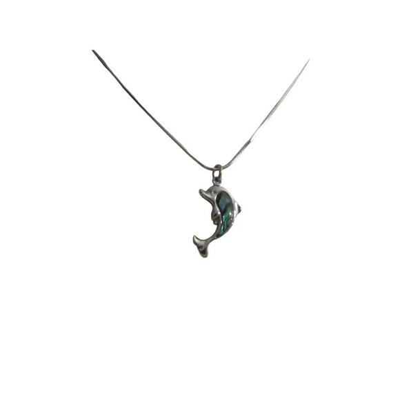 Silver Tone Dolphin Necklace Ocean Abalone Pendant Chain - Picture 3 of 13
